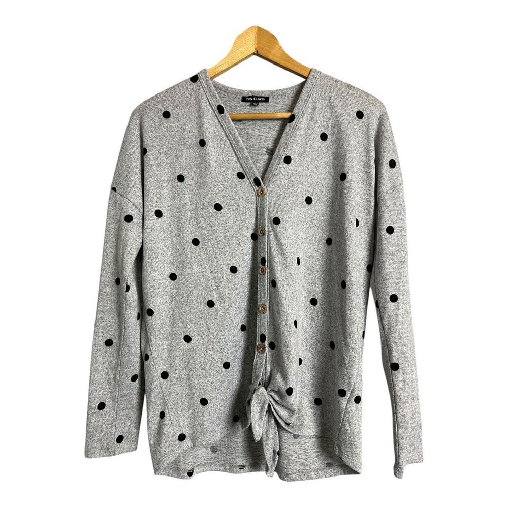 Pink Clover Cardigan Women's S Gray Polka Dot V-Neck Tie Front Lightweight
